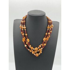 Vintage Multi Strand Amber Tone Beaded Statement Necklace Boho Retro Fall